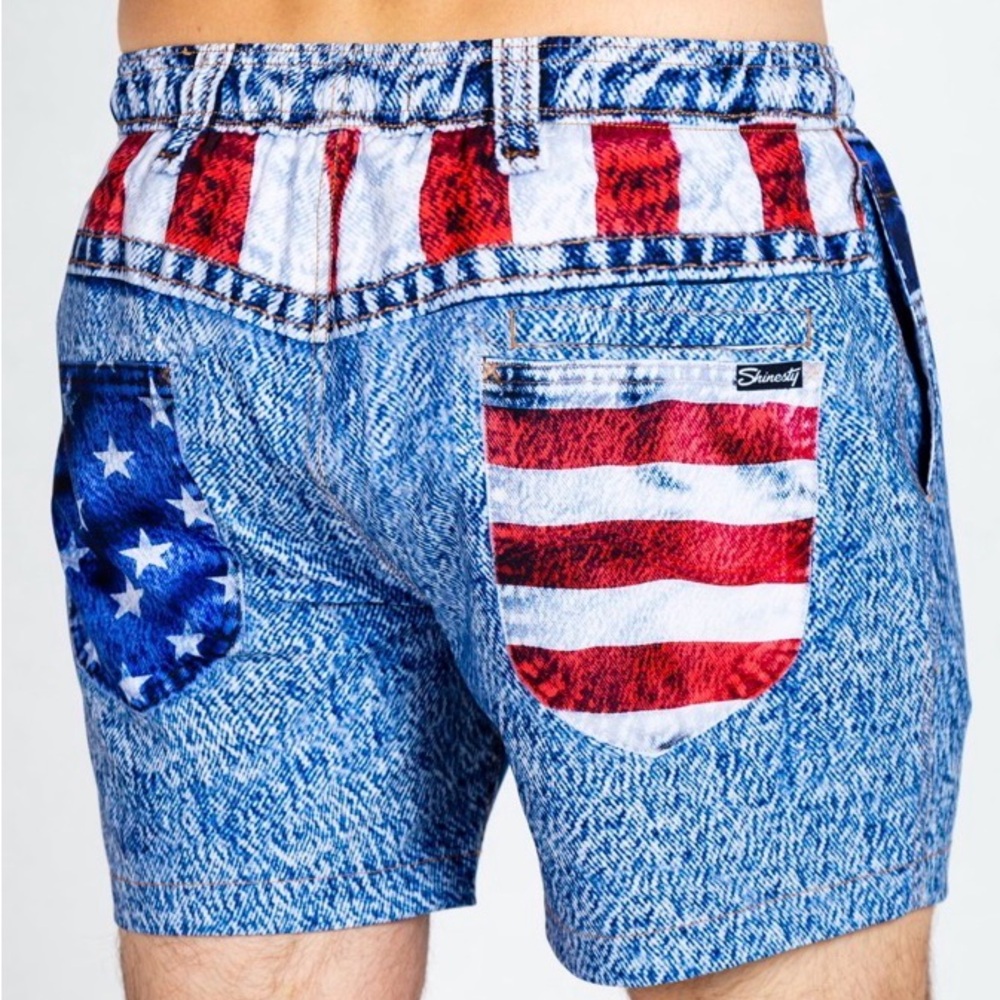 Shinesty The Chattahoochee Daddy USA Flag Faux Denim Swim Trunks Size Medium